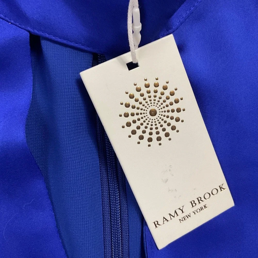 NWT Ramy Brook Angela Satin Mock Neck Keyhole Mini Dress Womens 0 Blue Purple